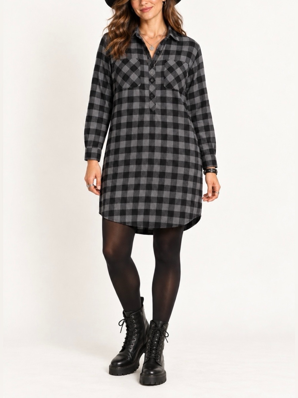 Eddie Bauer Buffalo Plaid Cotton Flannel Shirt Dress Black Gray Size 10